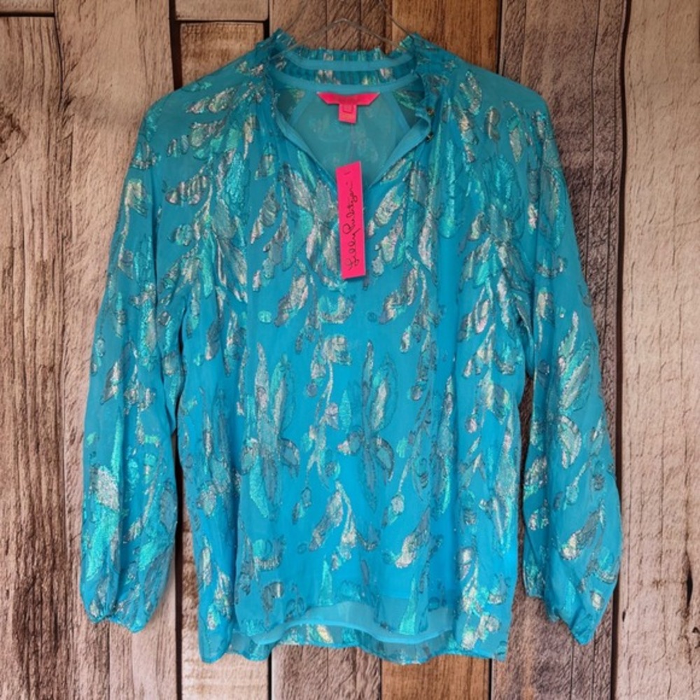 Lilly Pulitzer Galiana Silk Metallic Floral Top Blouse Resort‎ Coastal Small NWT
